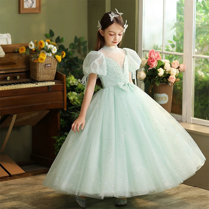 Ball Gown Short Sleeves Floor Length Flower Girl Party Dress with Rhinestone & Bow Light Green