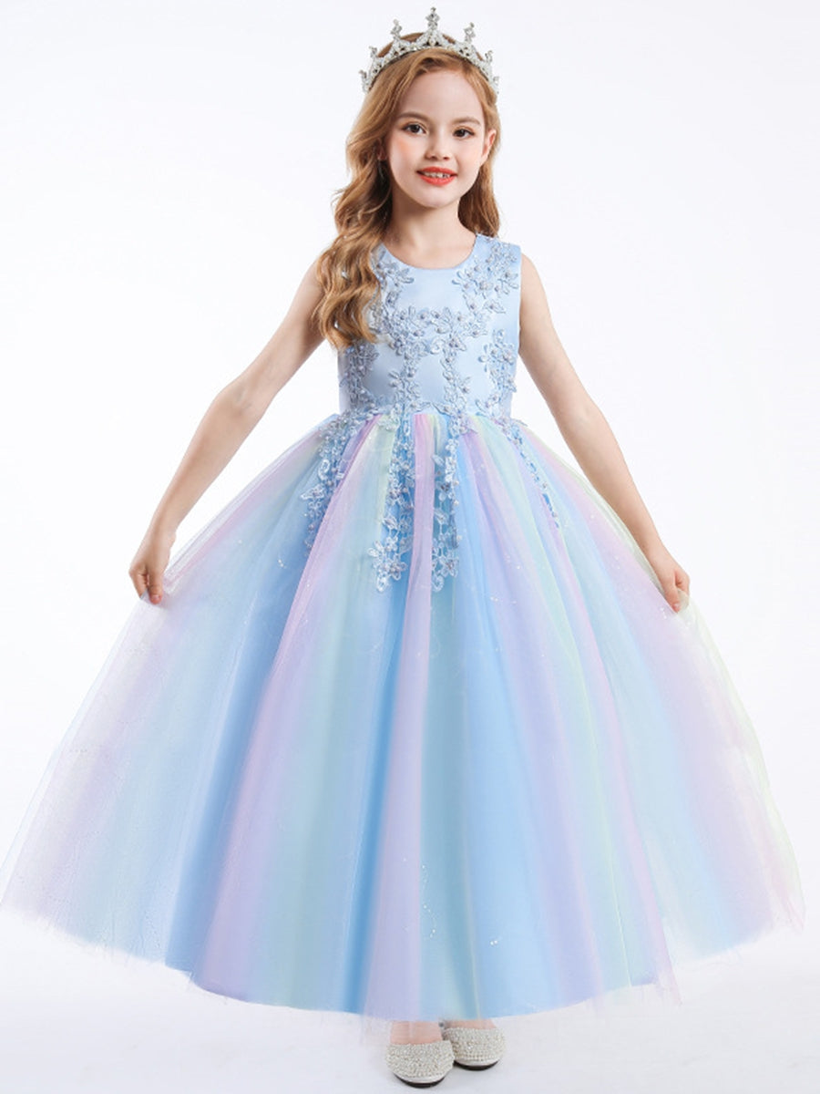A-Line/Princess Scoop Neck Sleeveless Tulle Flower Girl Dress with Lace Appliques & Ruffles Colored Blue