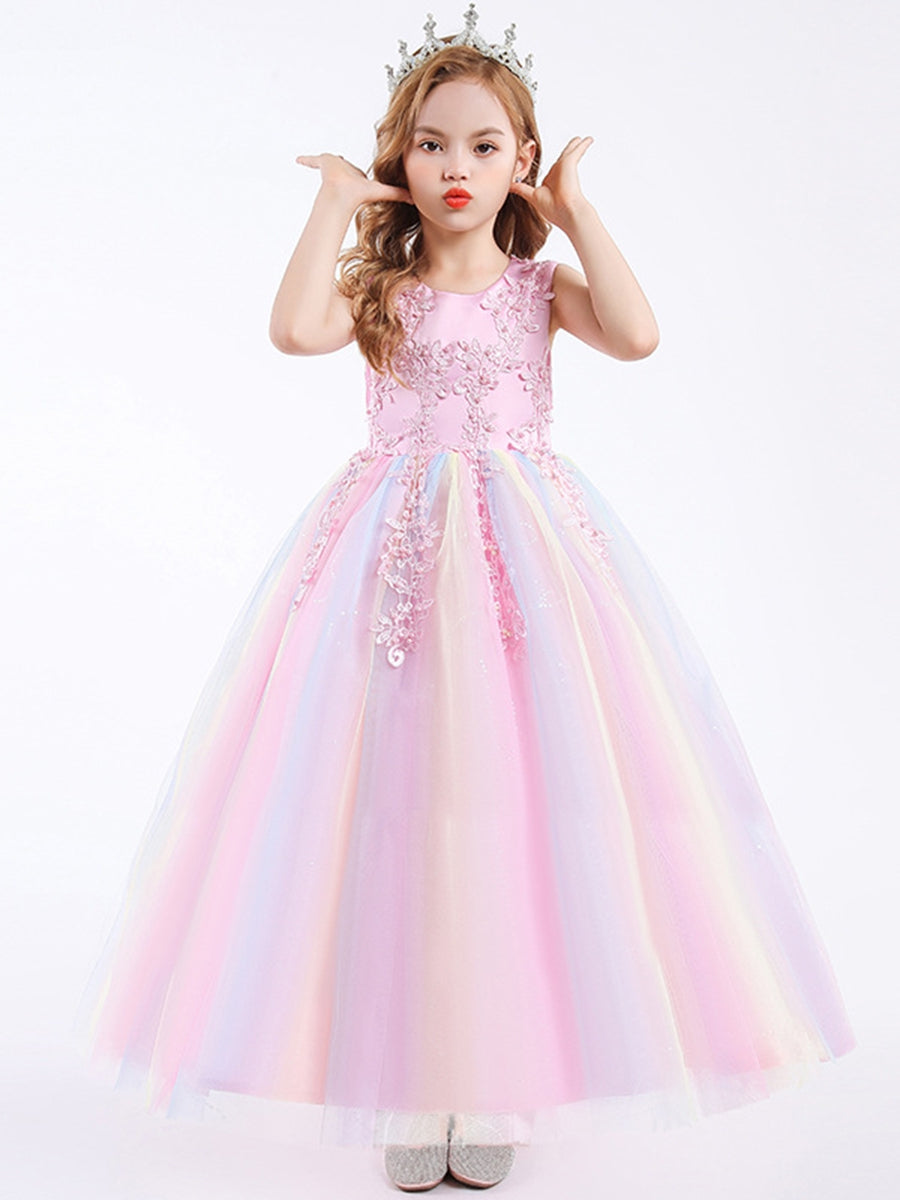 A-Line/Princess Scoop Neck Sleeveless Tulle Flower Girl Dress with Lace Appliques & Ruffles Colored Pink