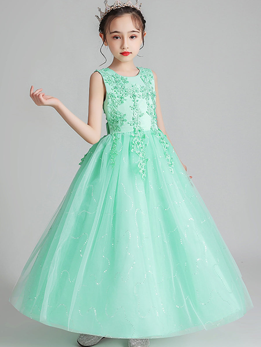 A-Line/Princess Scoop Neck Sleeveless Tulle Flower Girl Dress with Lace Appliques & Ruffles Fruit Green