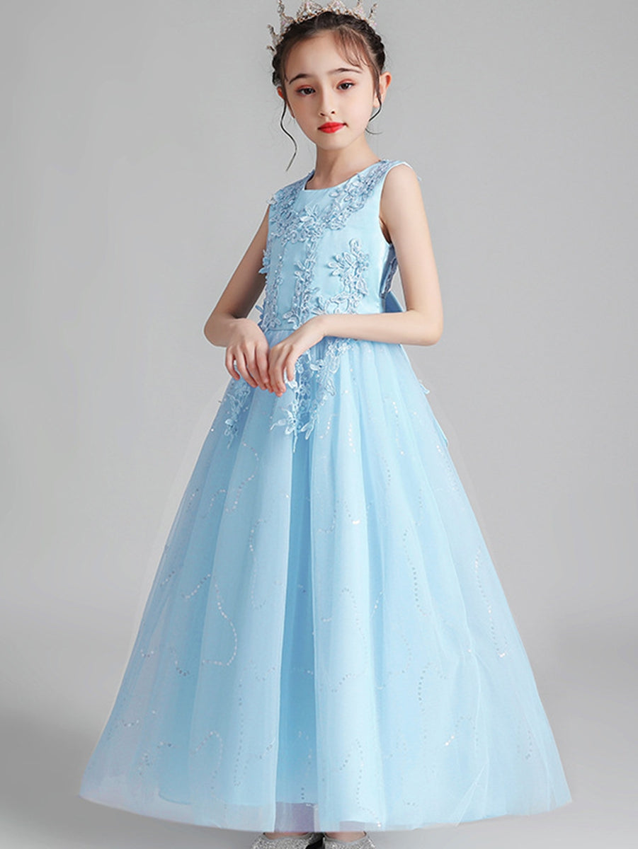 A-Line/Princess Scoop Neck Sleeveless Tulle Flower Girl Dress with Lace Appliques & Ruffles Light Blue
