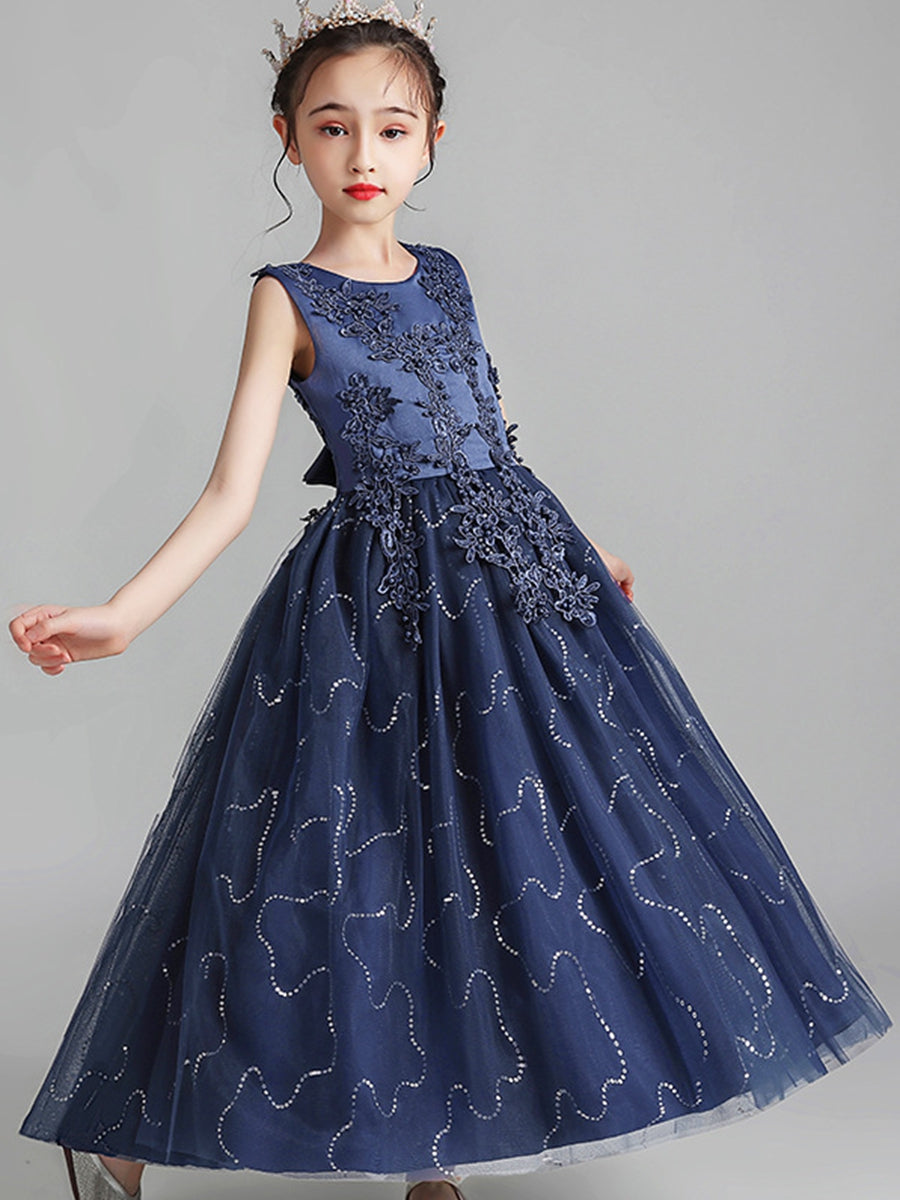 A-Line/Princess Scoop Neck Sleeveless Tulle Flower Girl Dress with Lace Appliques & Ruffles Navy Blue