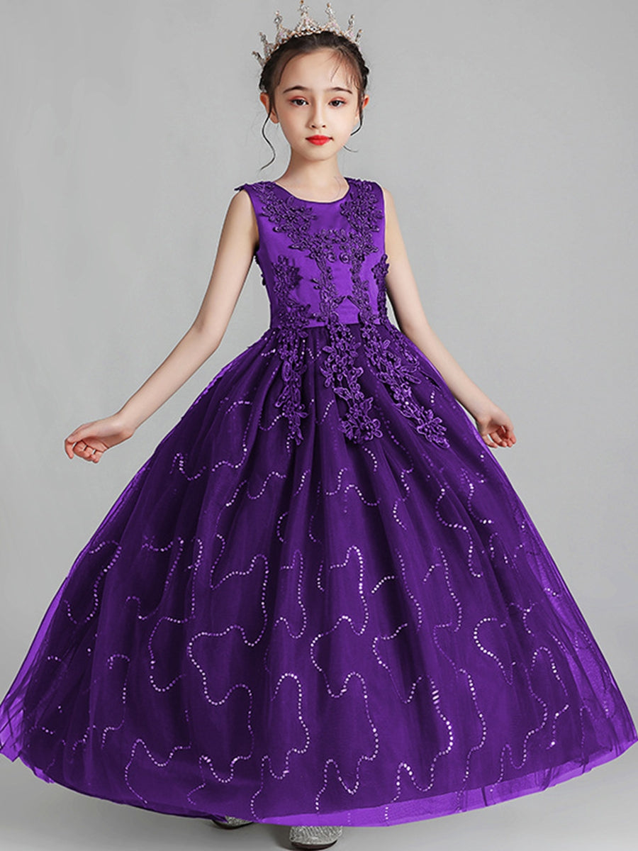 A-Line/Princess Scoop Neck Sleeveless Tulle Flower Girl Dress with Lace Appliques & Ruffles Purple