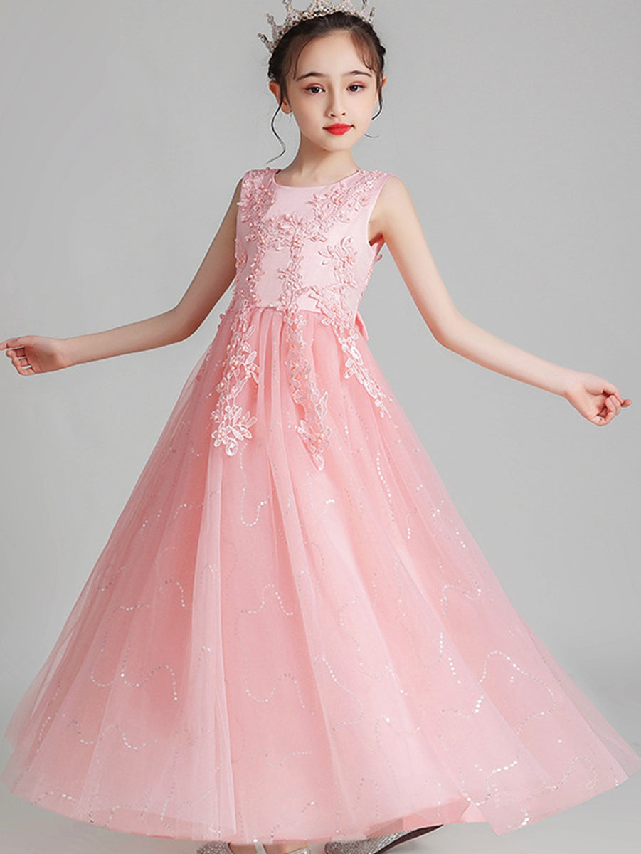 A-Line/Princess Scoop Neck Sleeveless Tulle Flower Girl Dress with Lace Appliques & Ruffles Salmon Pink