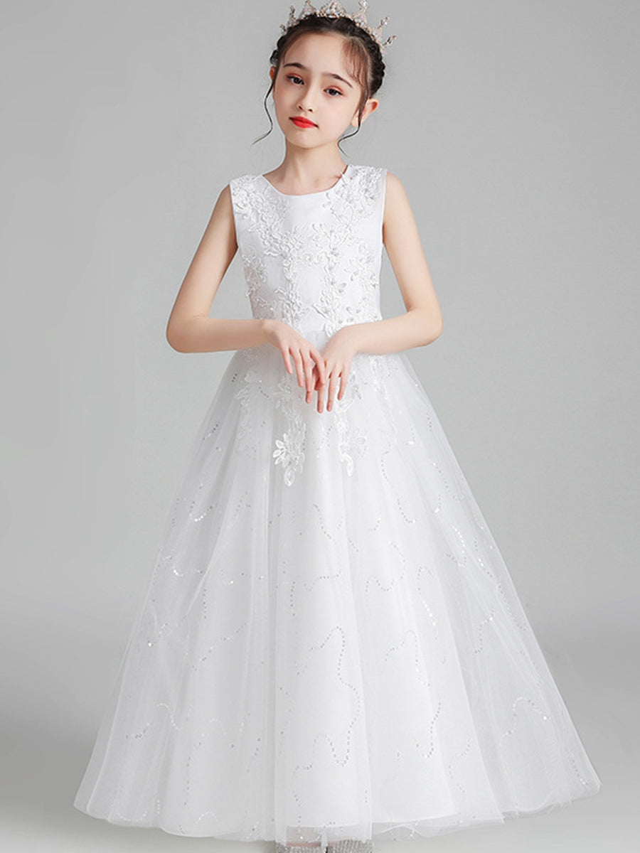 A-Line/Princess Scoop Neck Sleeveless Tulle Flower Girl Dress with Lace Appliques & Ruffles White