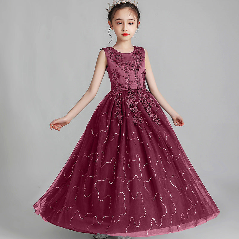A-Line/Princess Scoop Neck Sleeveless Tulle Flower Girl Dress with Lace Appliques & Ruffles Claret