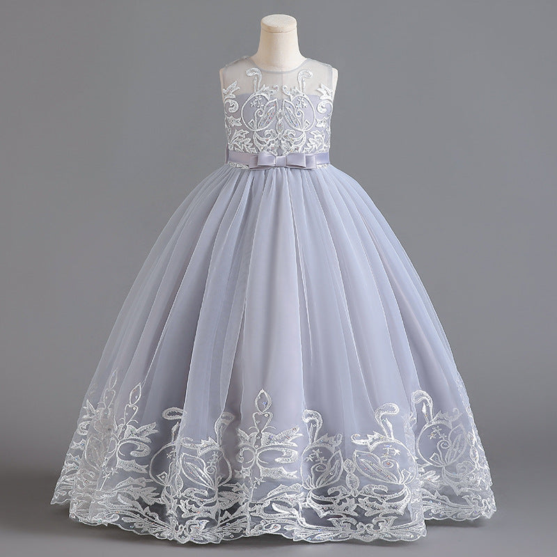 A-Line/Princess Scoop Neck Sleeveless Tulle Flower Girl Dress with Lace Appliques & Bow Light Gray