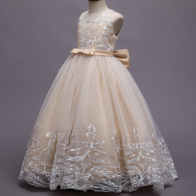 A-Line/Princess Scoop Neck Sleeveless Tulle Flower Girl Dress with Lace Appliques & Bow Champagne