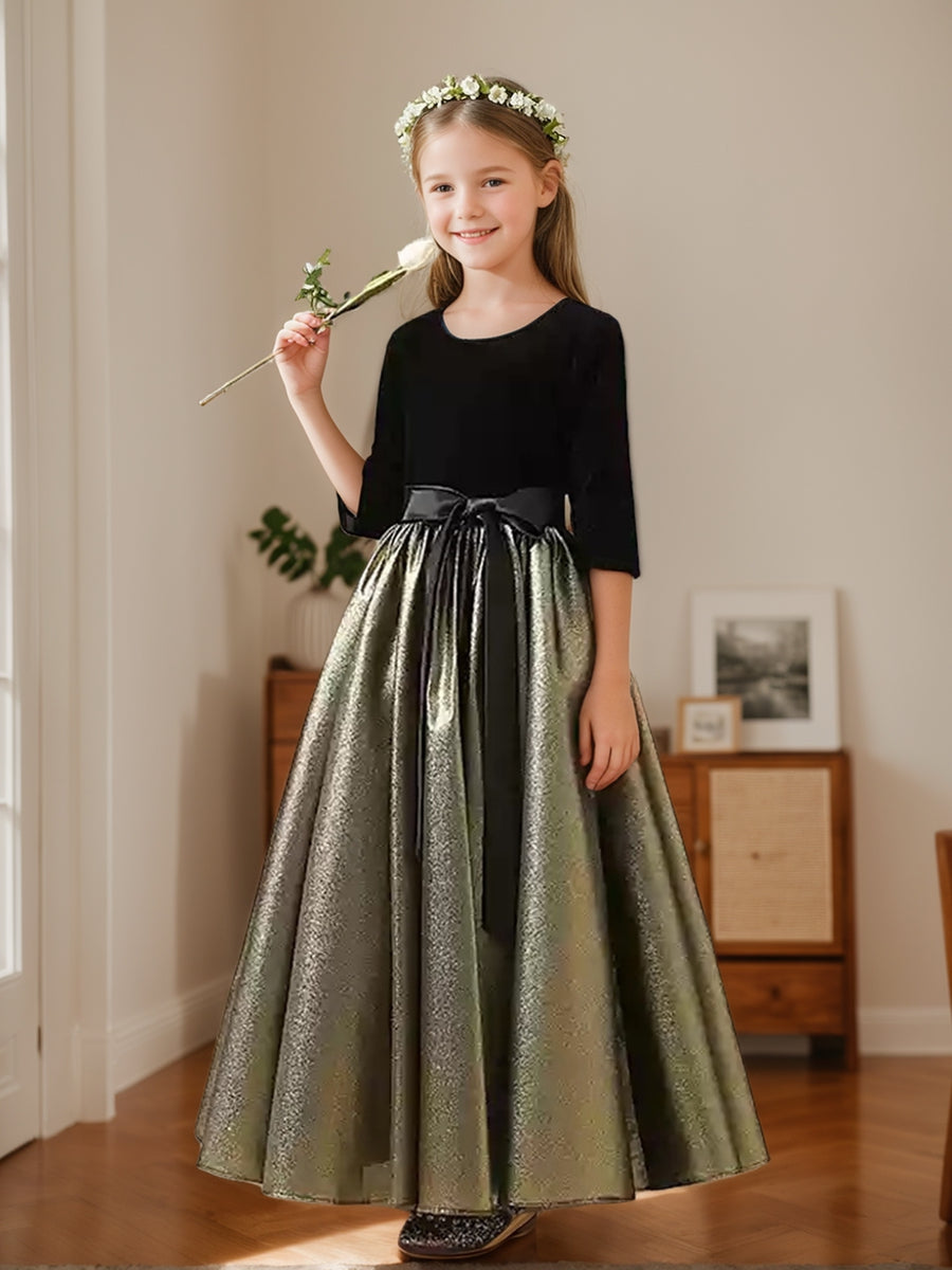A-Line/Princess Scoop Neck Velvet Ankle-Length Flower Girl Dress with Ruffles & Bow Gold