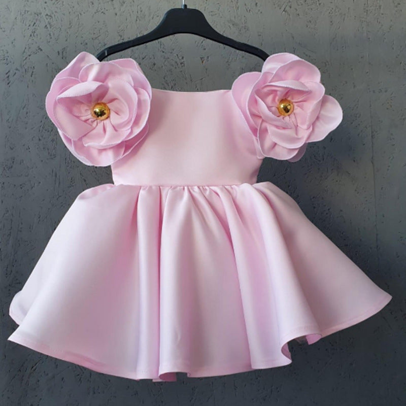 Sweet Ball Gown Off-the-Shoulder Flower Girl Dress with 3D Flower & Beadings Pink