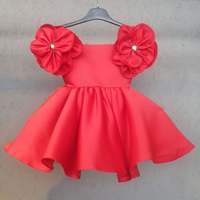 Sweet Ball Gown Off-the-Shoulder Flower Girl Dress with 3D Flower & Beadings Red