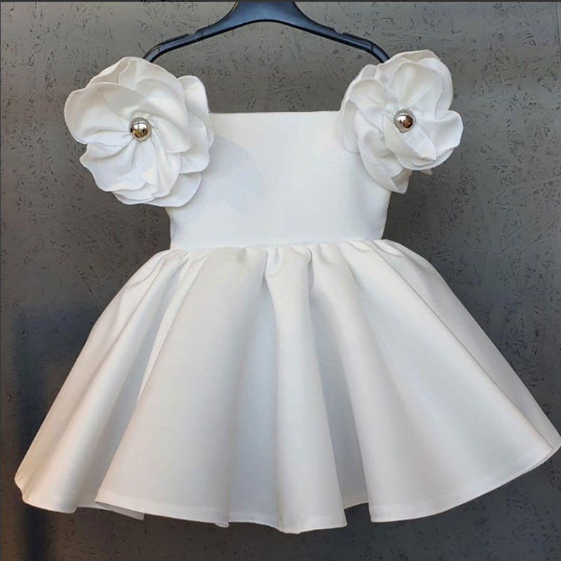 Sweet Ball Gown Off-the-Shoulder Flower Girl Dress with 3D Flower & Beadings White