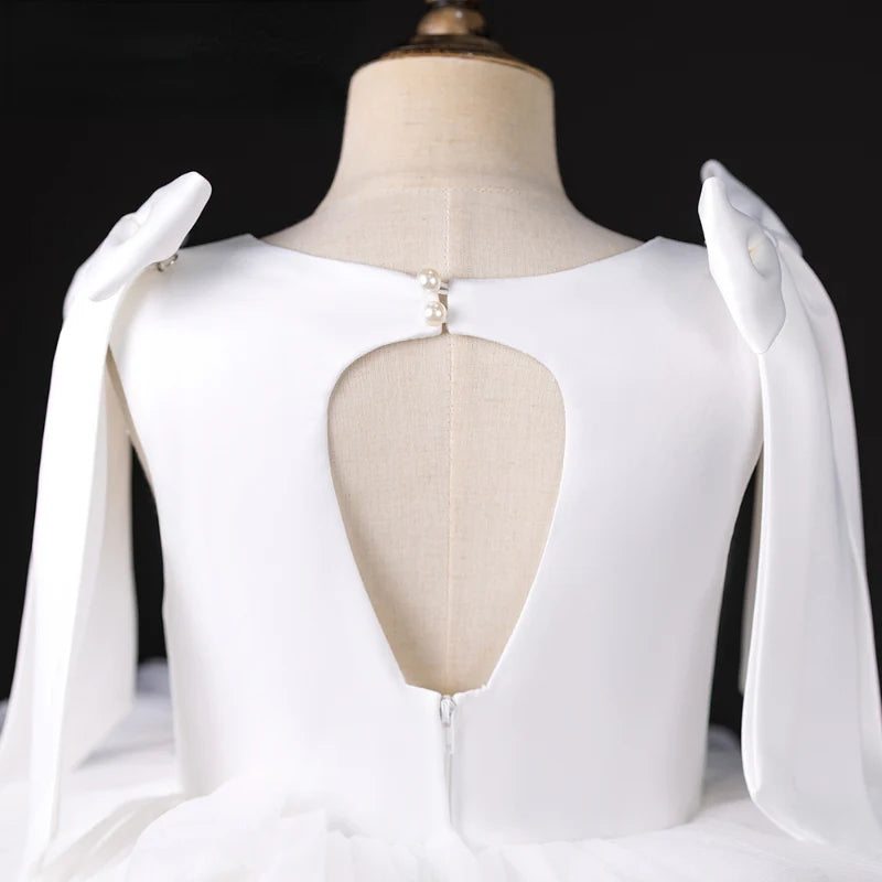 A-Line/Princess Round Neck Sleeveless Elegant White Flower Girl Dress with Feathers & Bow
