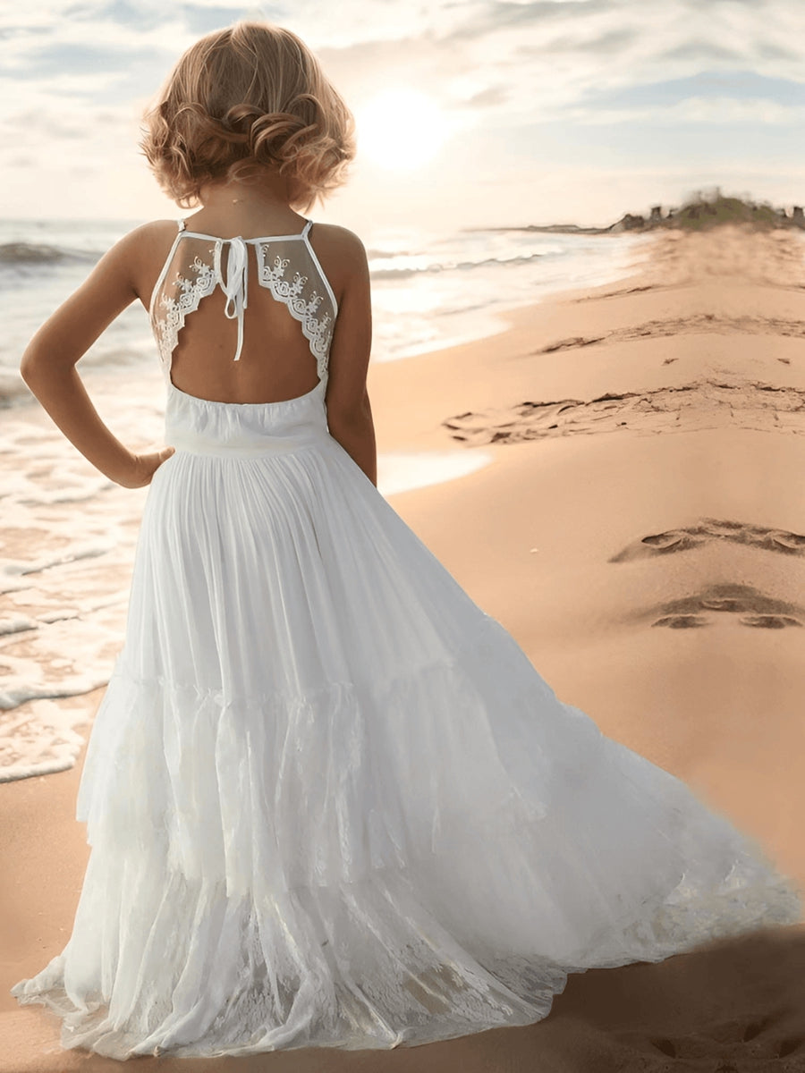 A-Line/Princess Halter Sleeveless Tiered Flower Girl Dress With Lace & Opened Back White