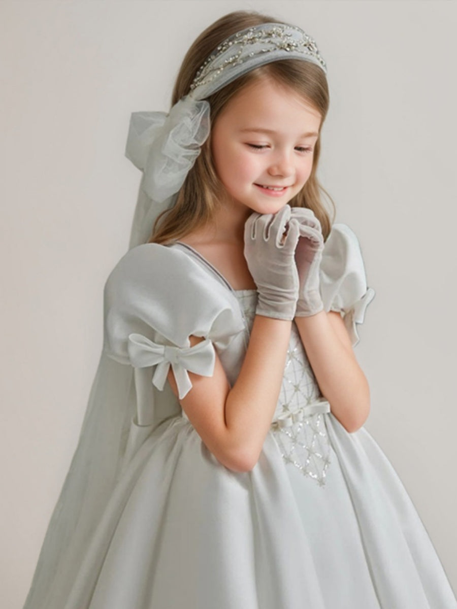 Ball-Gown Square Neckline Short Sleeves Sweep Train Flower Girl Dresses with Bows Ivory