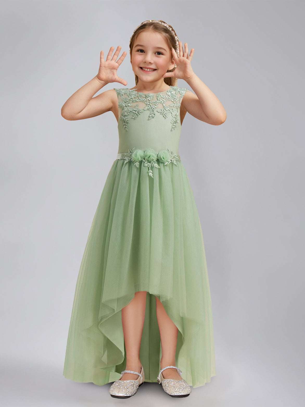 A-Line/Princess Scoop Sleeveless Asymmetrical Pleated Flower Girl Dresses with Sash & Lace Appliques Celadon