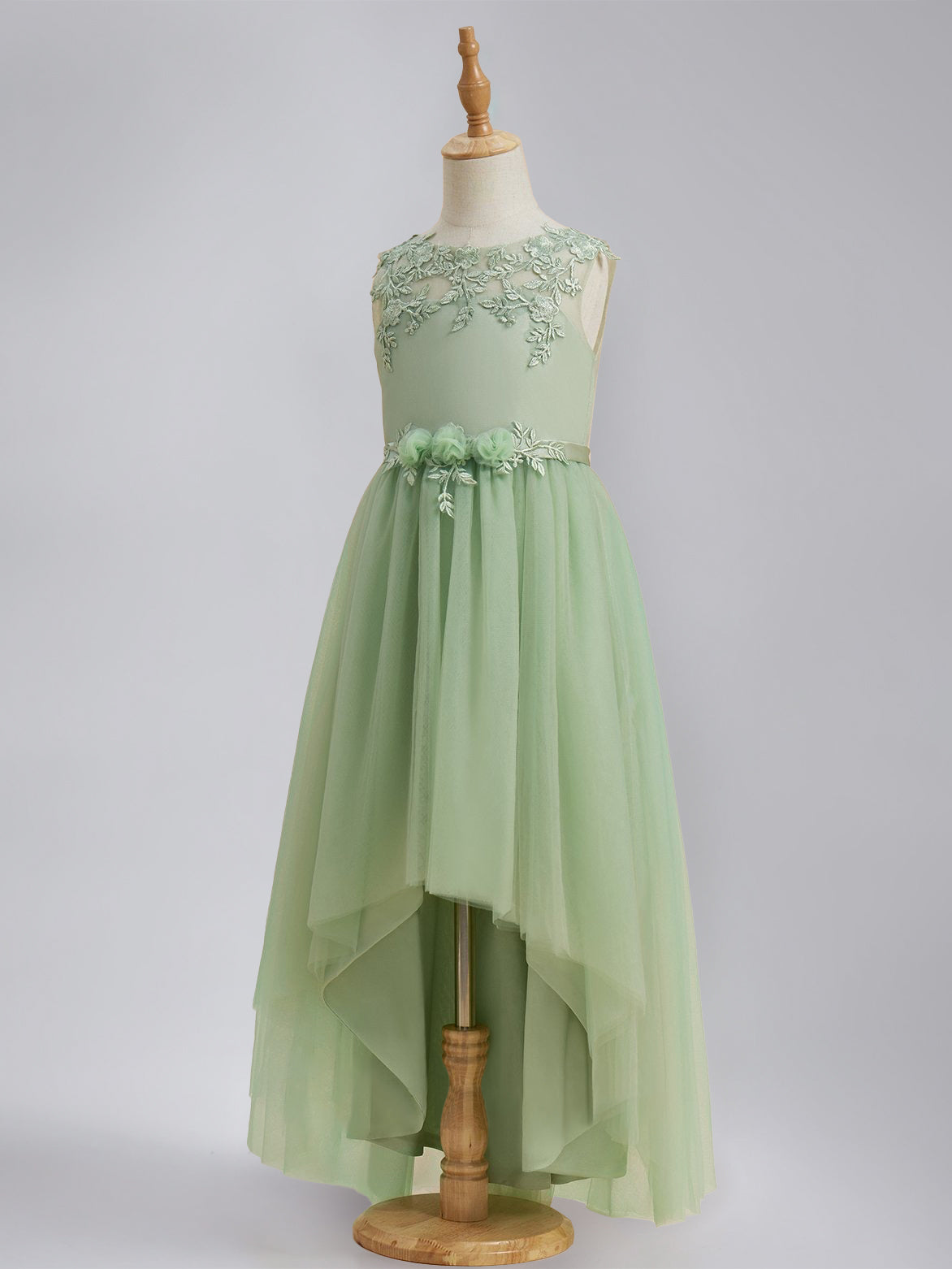 A-Line/Princess Scoop Sleeveless Asymmetrical Pleated Flower Girl Dresses with Sash & Lace Appliques