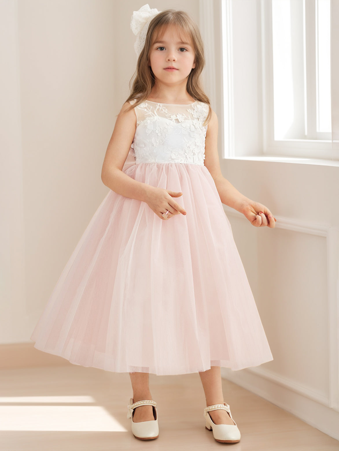 A-Line/Princess Scoop Sleeveless Tea-Length Pleated Flower Girl Dresses with 3D Flowers & Bow As Pic