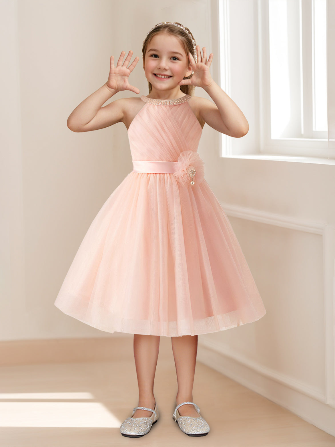 A-Line/Princess Halter Sleeveless Knee-Length Ruched Flower Girl Dresses with Sash & Pearls & Self-tie Pearl Pink