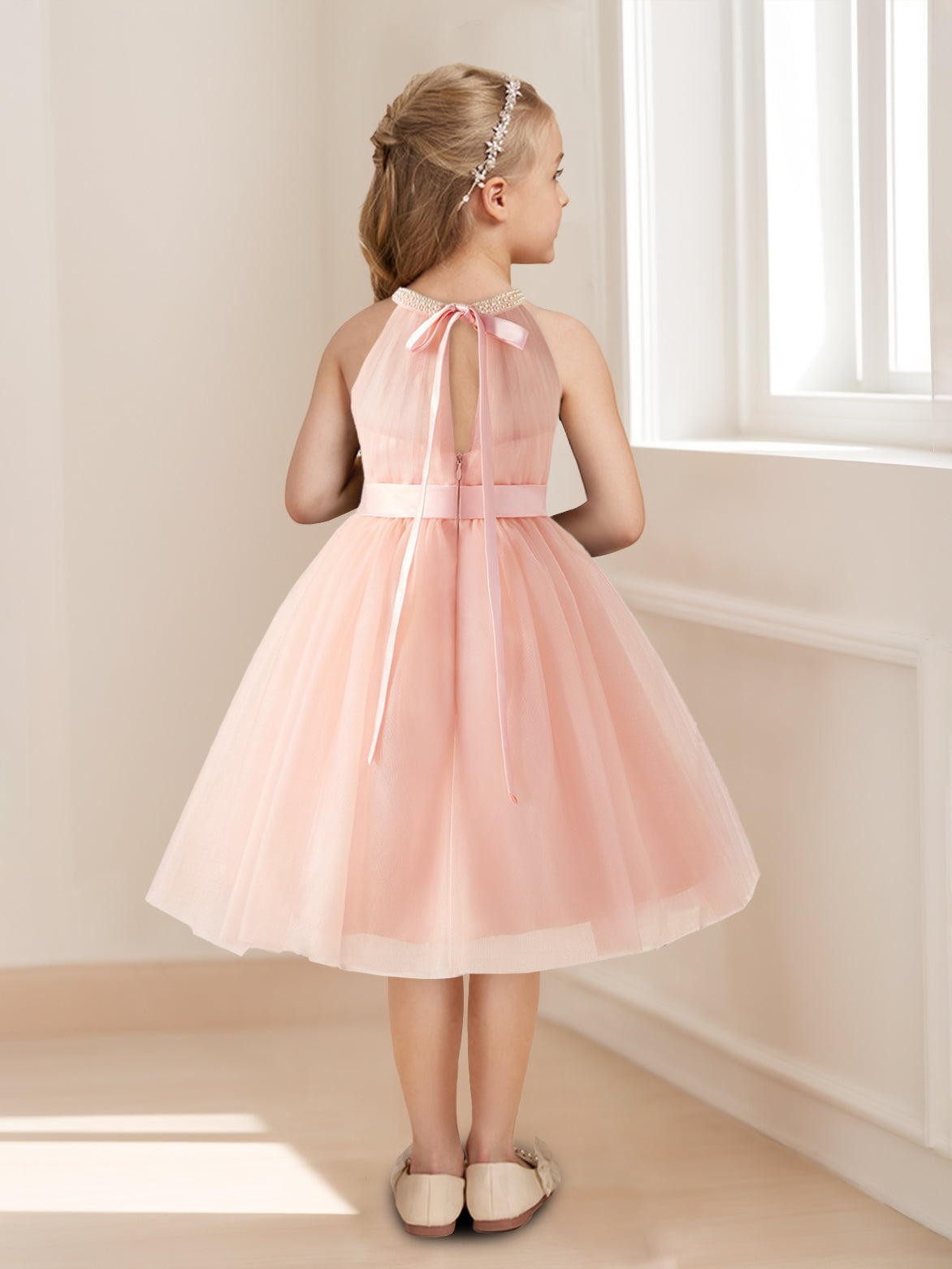 A-Line/Princess Halter Sleeveless Knee-Length Ruched Flower Girl Dresses with Sash & Pearls & Self-tie Pink