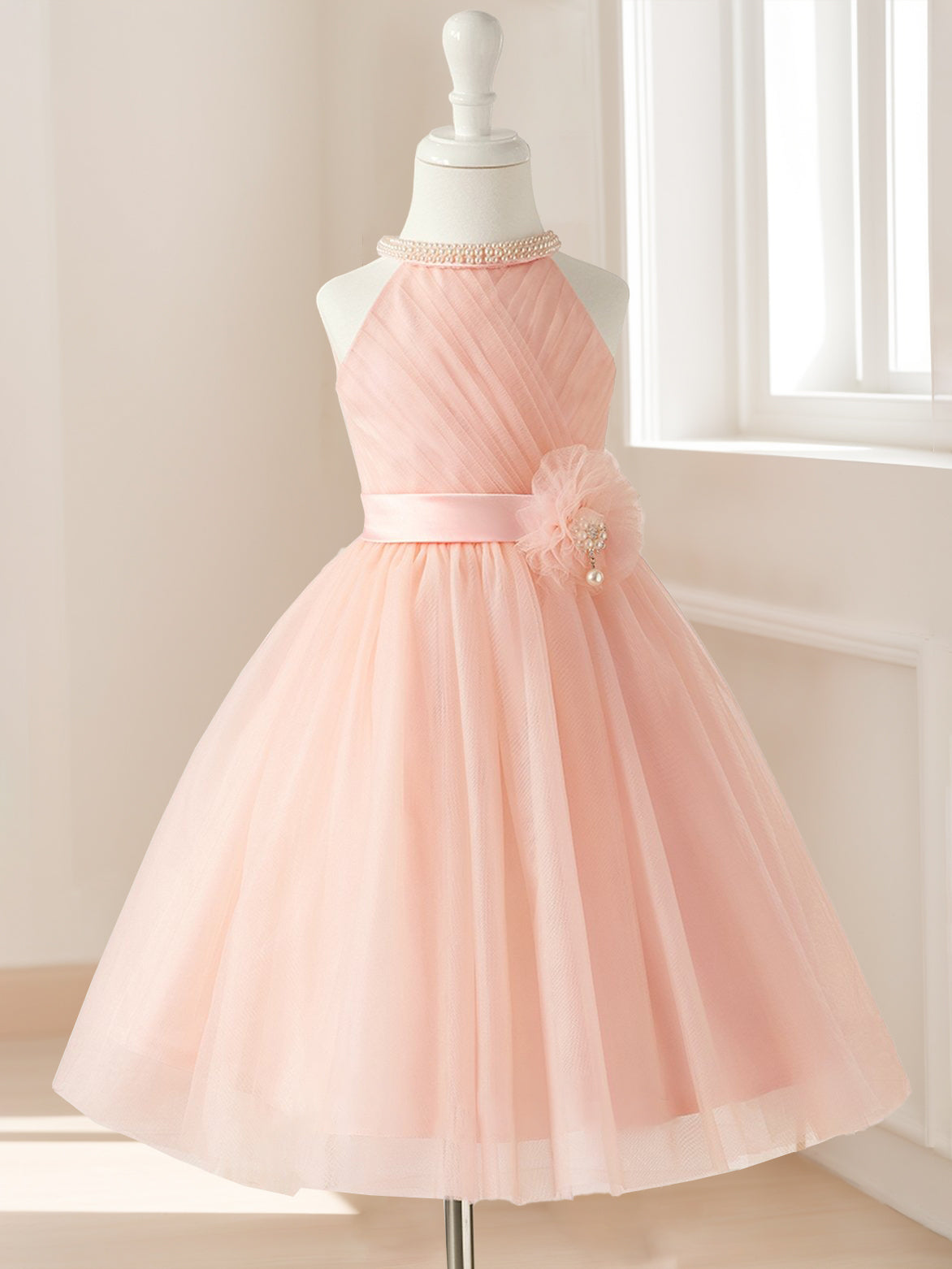 A-Line/Princess Halter Sleeveless Knee-Length Ruched Flower Girl Dresses with Sash & Pearls & Self-tie Burgundy