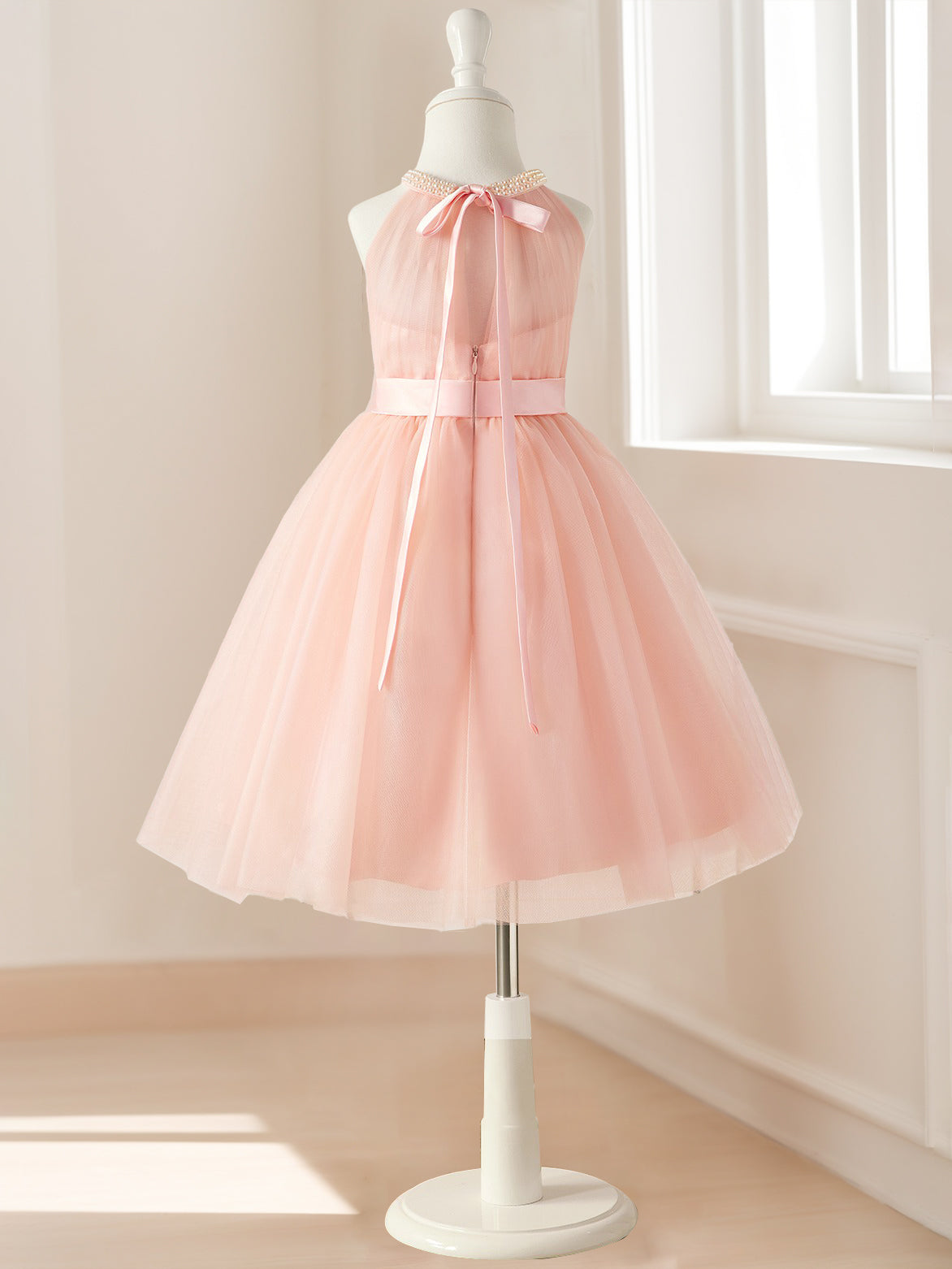A-Line/Princess Halter Sleeveless Knee-Length Ruched Flower Girl Dresses with Sash & Pearls & Self-tie Dark Navy