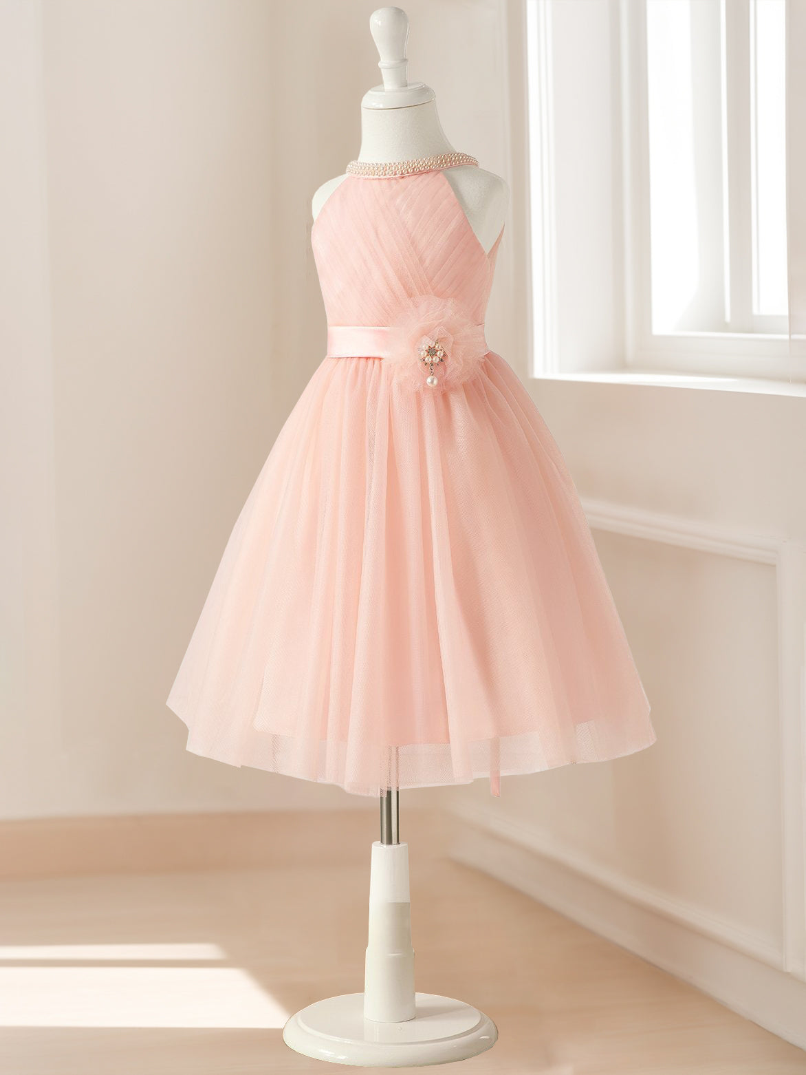 A-Line/Princess Halter Sleeveless Knee-Length Ruched Flower Girl Dresses with Sash & Pearls & Self-tie Ivory