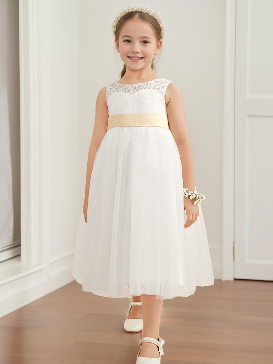 A-Line/Princess Scoop Sleeveless Tea Length Flower Girl Dress with Sash & Appliques Ivory