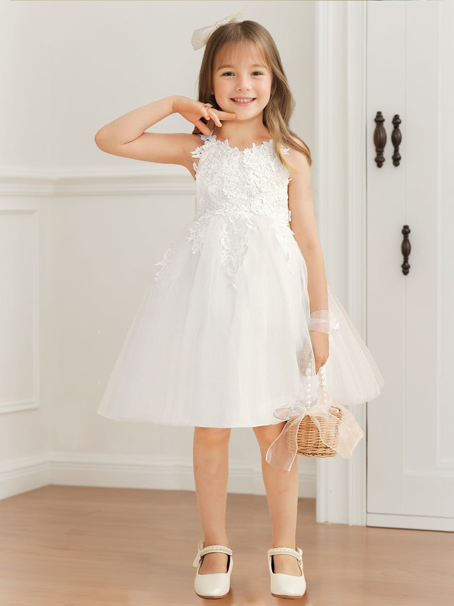 A-Line/Princess V-Neck Tulle Sleeveless Flower Girl Dresses with Bow & Appliques Ivory