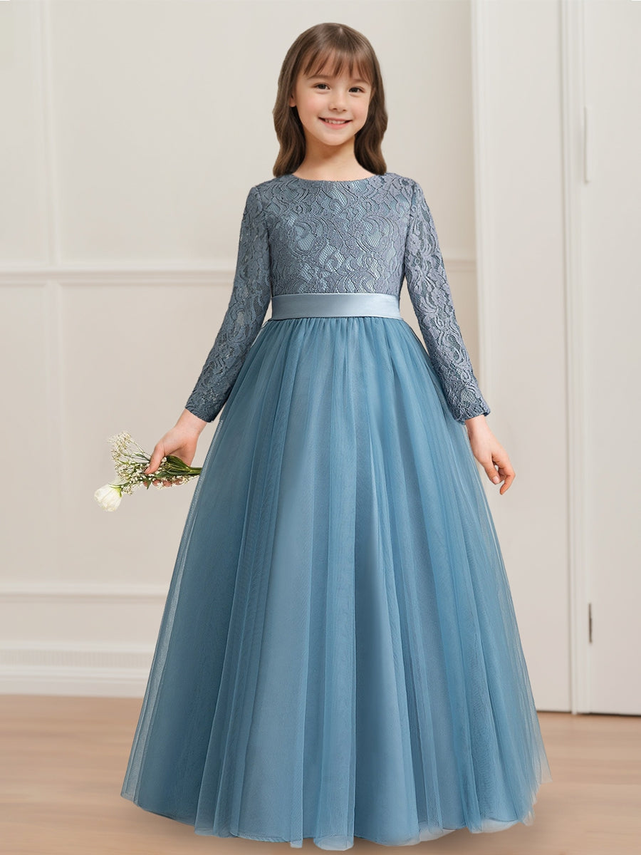A-Line/Princess Scoop Long Sleeves Flower Girl Dresses with Bow & Appliques Blue
