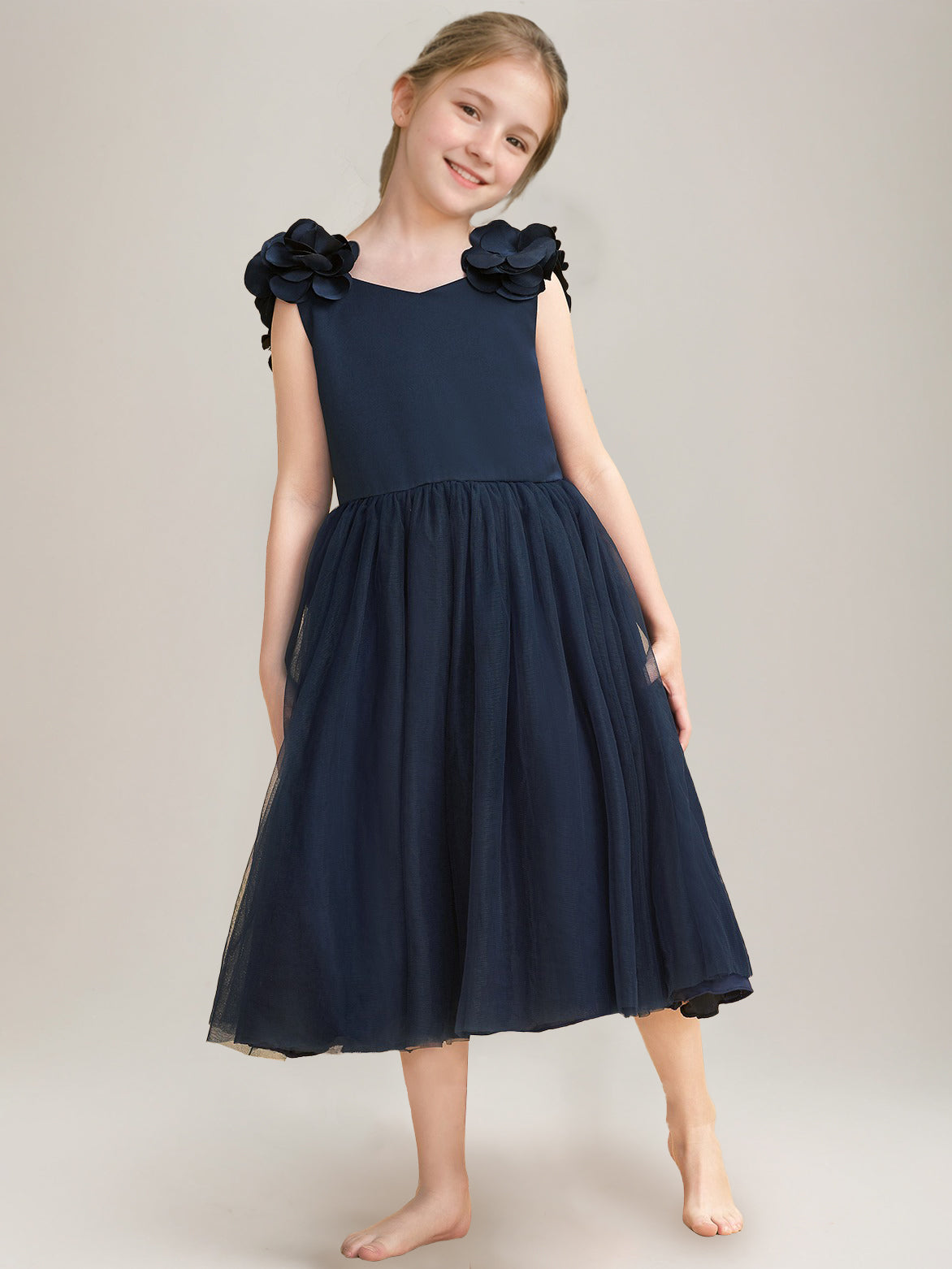 A-Line/Princess V-Neck Sleeveless Tea-Length Flower Girl Dresses with Bow & 3D Flowers Navy Blue