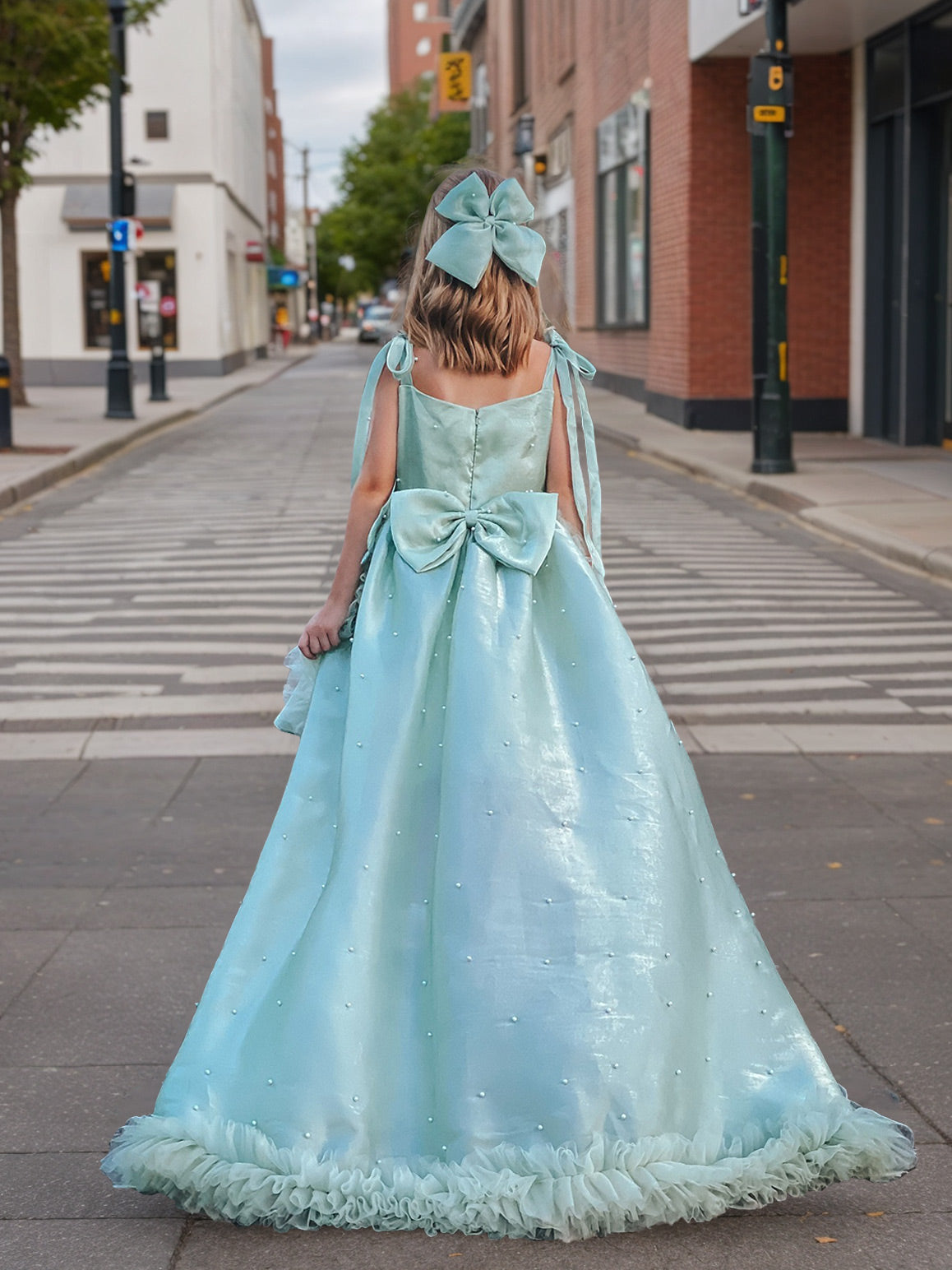 A-Line/Princess Square Neckline Sleeveless Knee-Length Pleated Birthday Girl Dresses with Bow & Pearls & Self-tie & Detachable Train As Pic