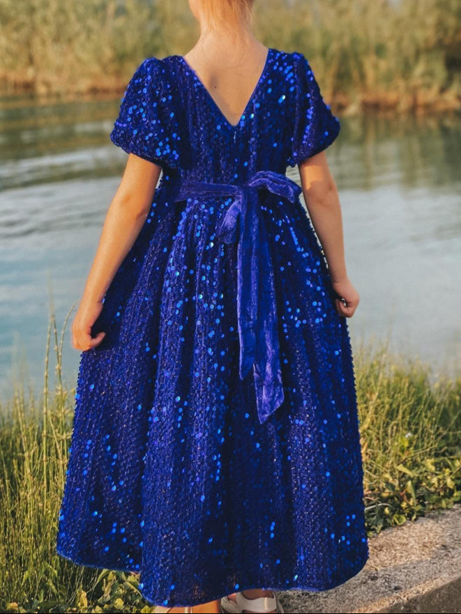 A-Line/Princess V-Neck Short Sleeves Ankle-Length Pleated Birthday Girl Dresses with Sequins & Bow Self-tie Royal Blue