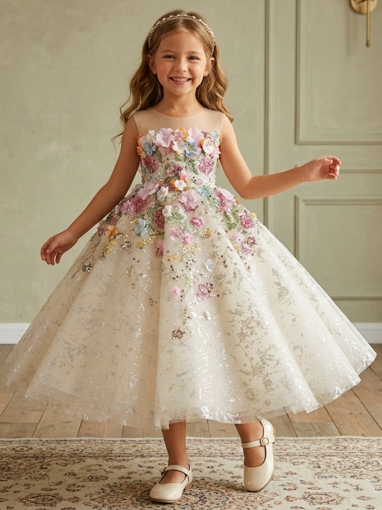 A-Line/Princess Scoop Tulle Flower Girl Dresses With 3D Flowers Tea-Length Ivory