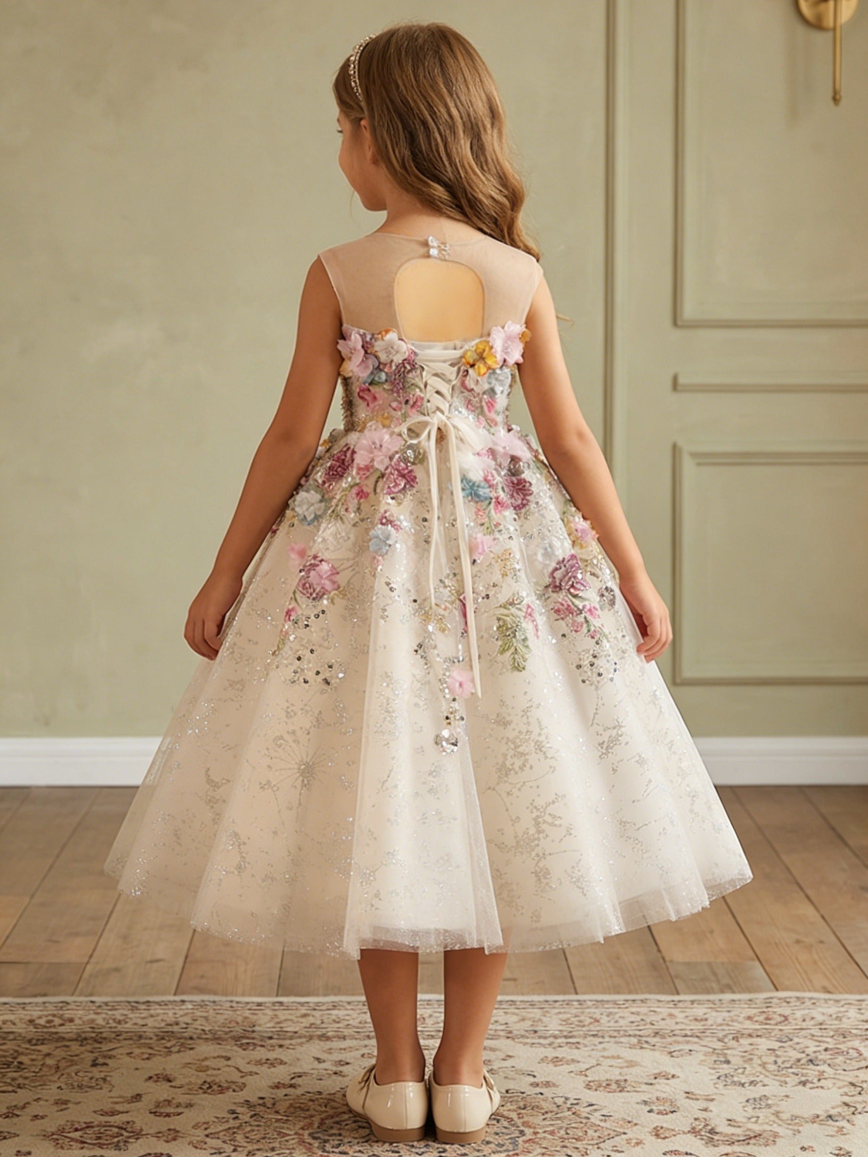 A-Line/Princess Scoop Tulle Flower Girl Dresses With 3D Flowers Tea-Length