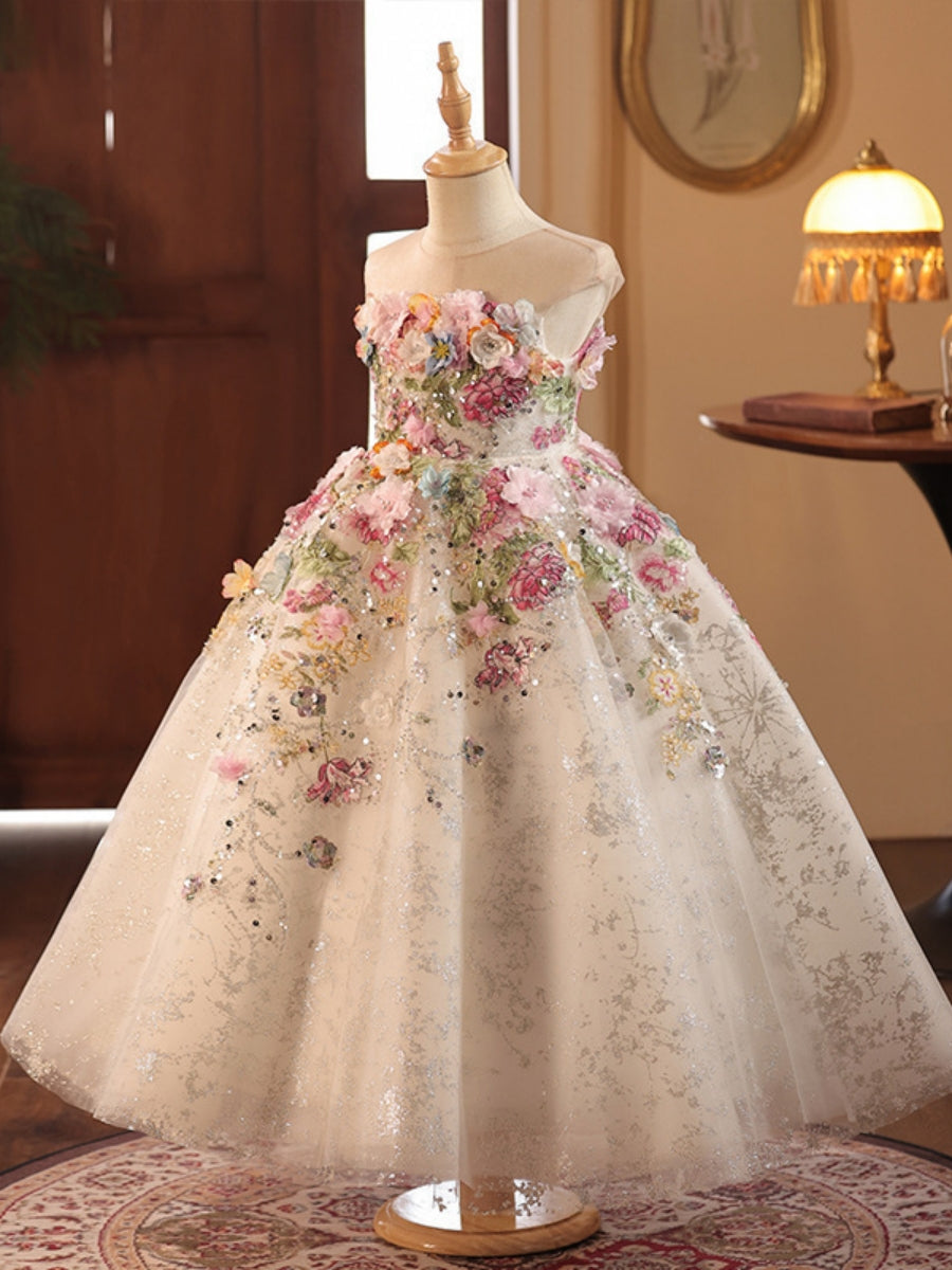 A-Line/Princess Scoop Tulle Flower Girl Dresses With 3D Flowers Tea-Length