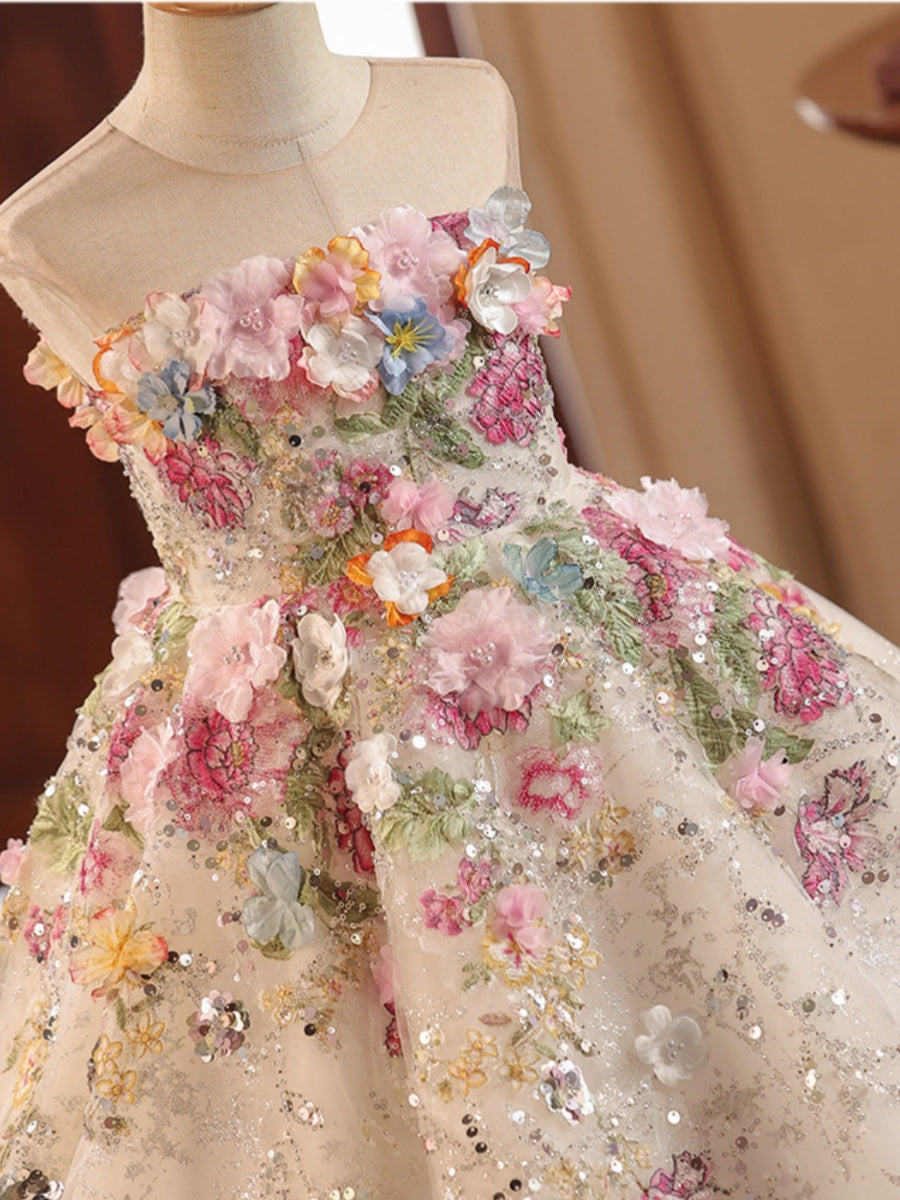 A-Line/Princess Scoop Tulle Flower Girl Dresses With 3D Flowers Tea-Length