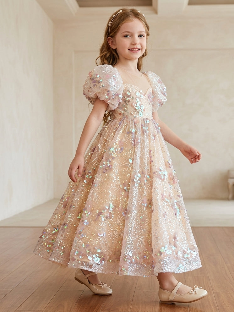 A-Line/Princess Scoop Sequins Flower Girl Dresses Puff Sleeves Ankle-Length As Pic