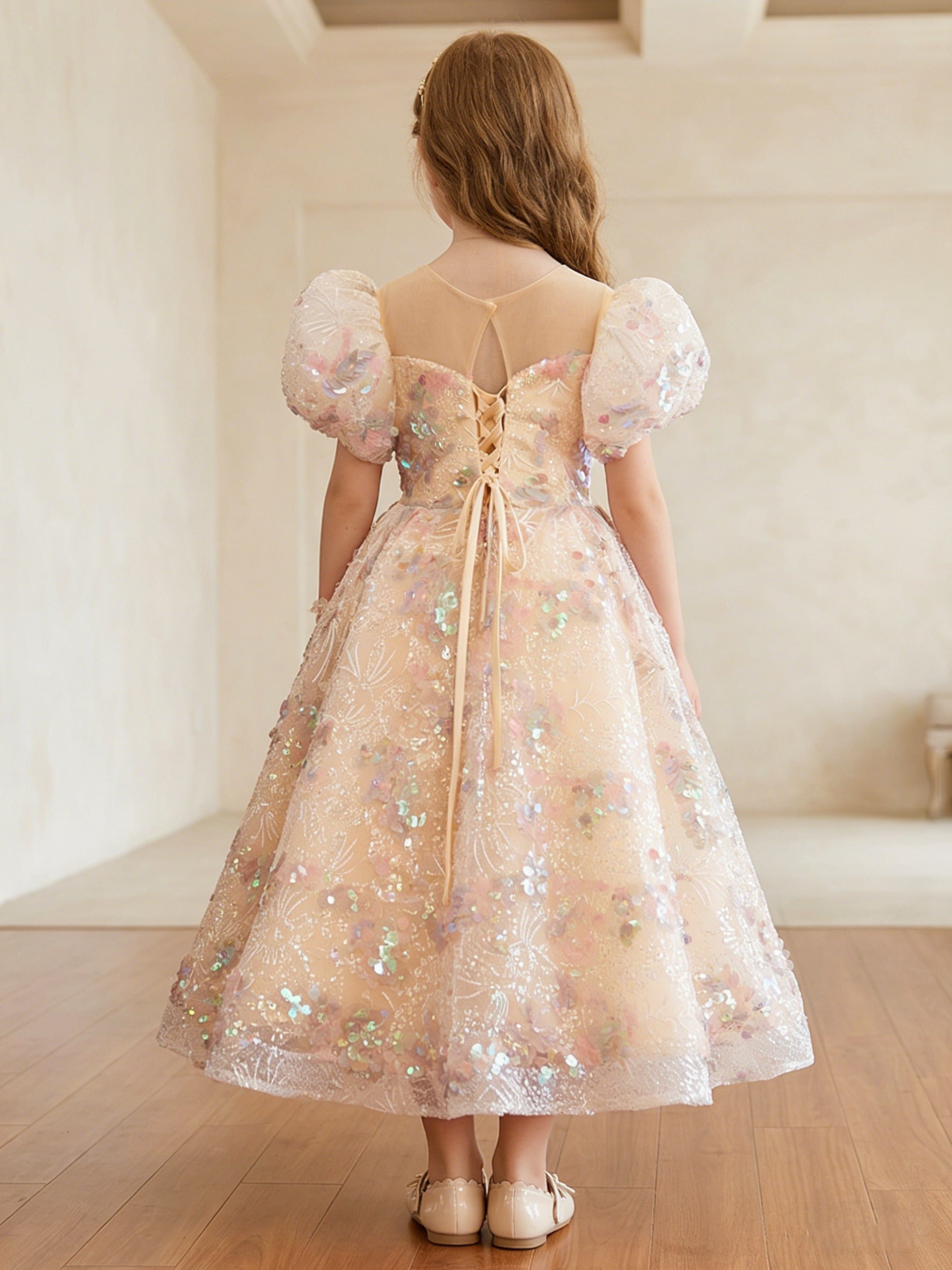 A-Line/Princess Scoop Sequins Flower Girl Dresses Puff Sleeves Ankle-Length