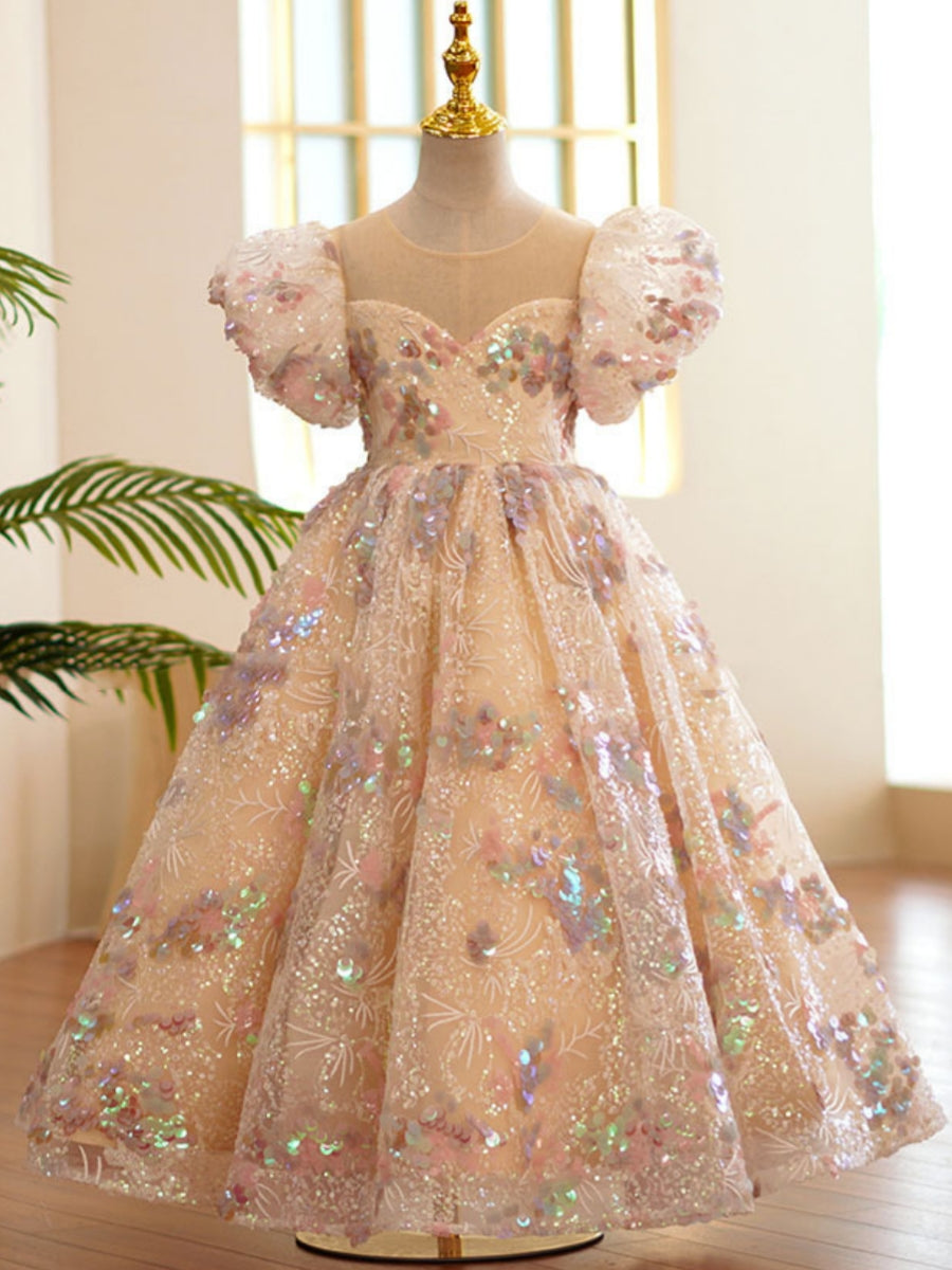 A-Line/Princess Scoop Sequins Flower Girl Dresses Puff Sleeves Ankle-Length