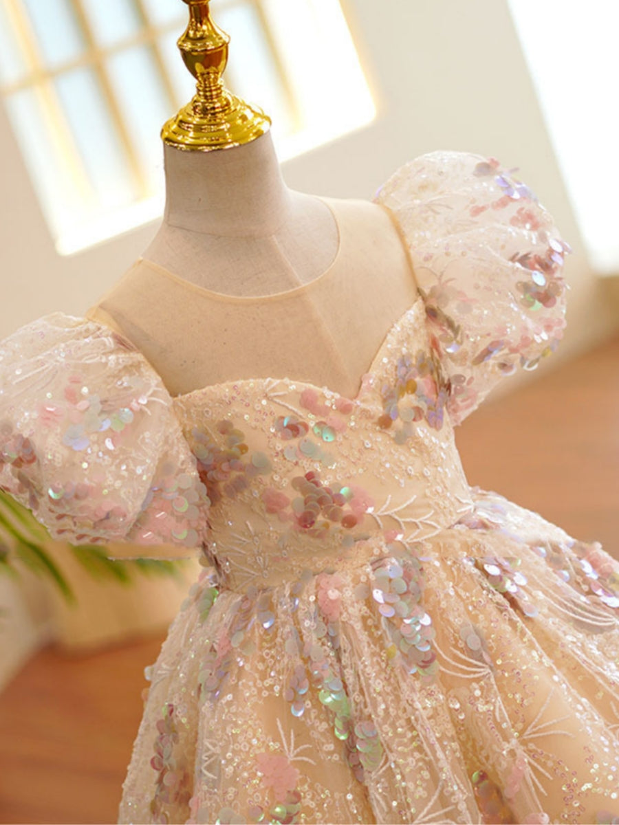 A-Line/Princess Scoop Sequins Flower Girl Dresses Puff Sleeves Ankle-Length