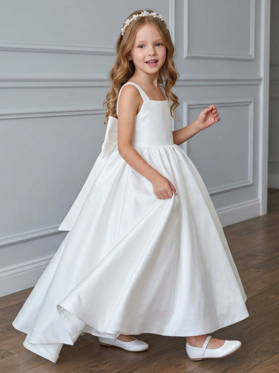 A-Line/Princess Square Collar Flower Girl Dresses with Bow Ankle Length Sleeveless Ivory