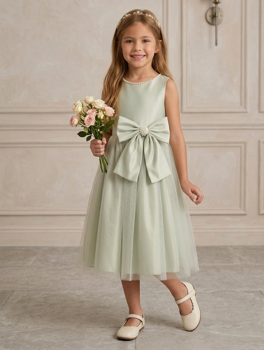 A-Line/Princess Scoop Flower Girl Dresses with Bowknot Tulle Tea Length Sleeveless Sage