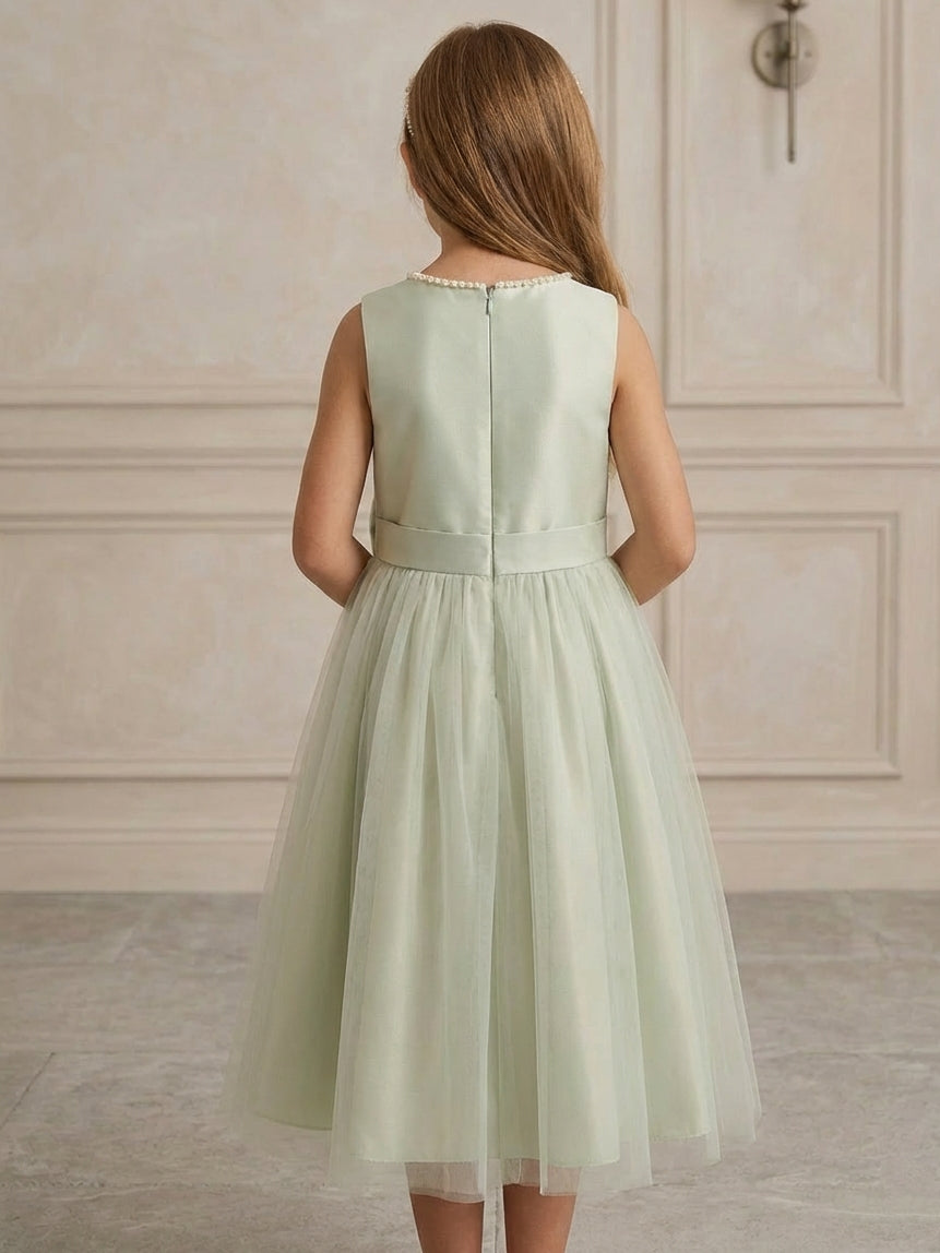 A-Line/Princess Scoop Flower Girl Dresses with Bowknot Tulle Tea Length Sleeveless Ivory