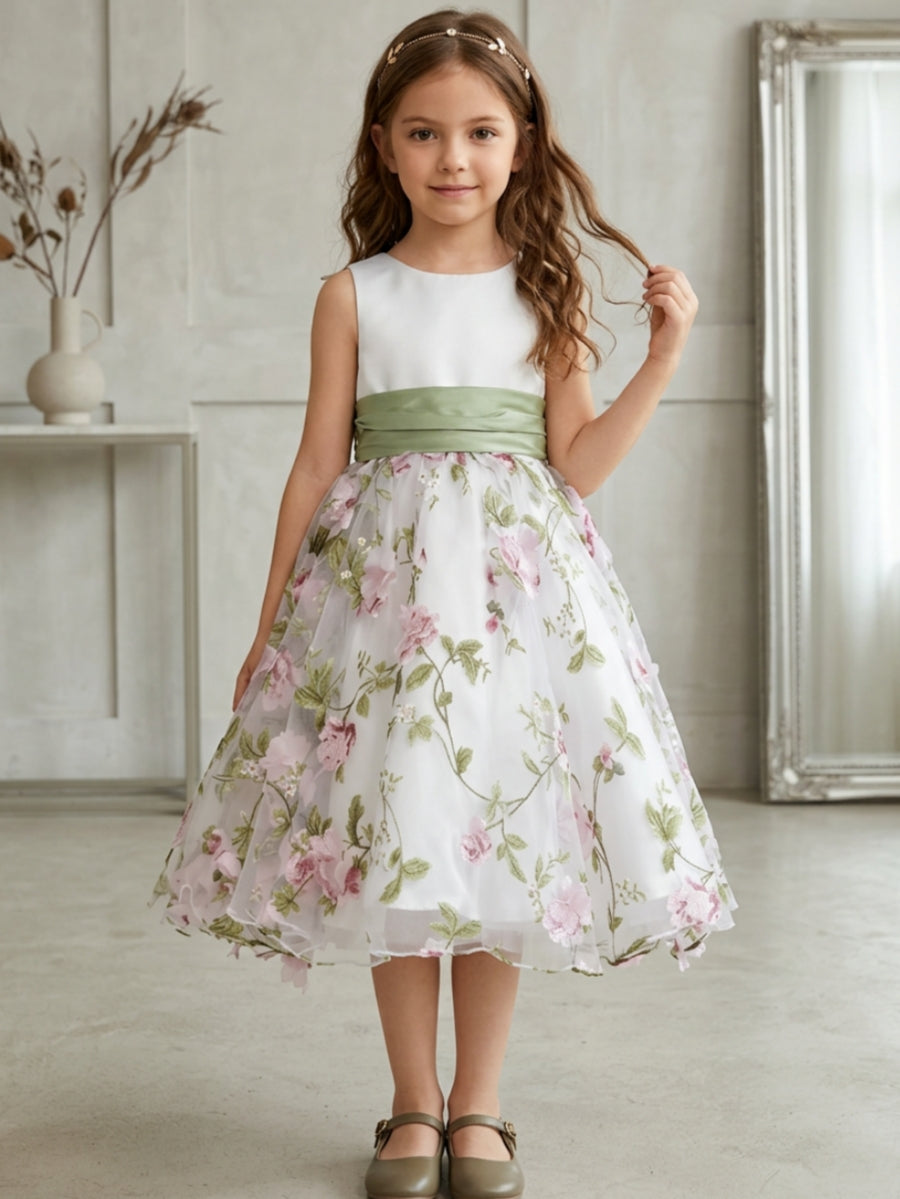 A-Line/Princess Scoop Flower Girl Dresses with Bowknot Floral Tulle Tea Length Sleeveless As Pic
