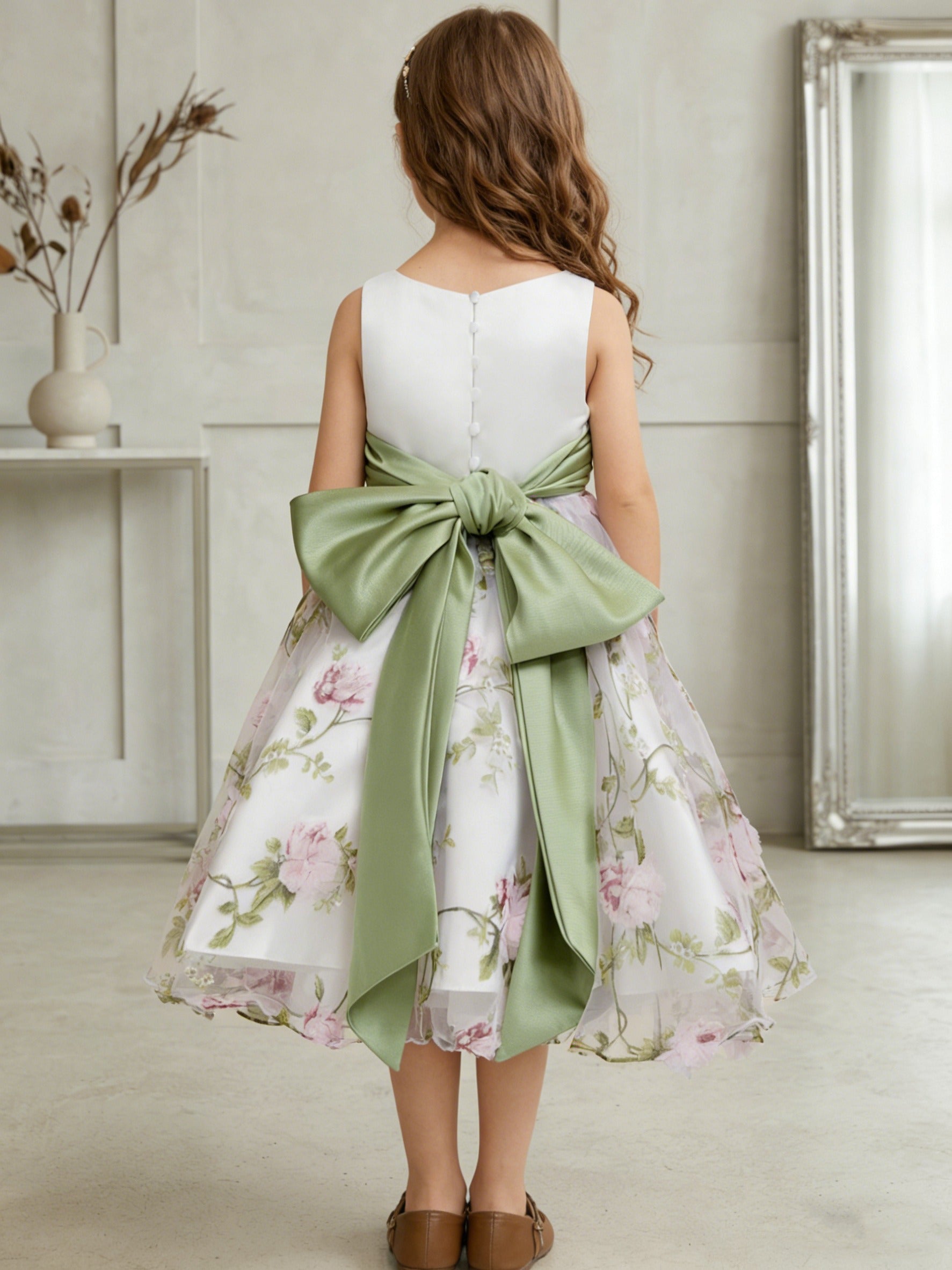 A-Line/Princess Scoop Flower Girl Dresses with Bowknot Floral Tulle Tea Length Sleeveless
