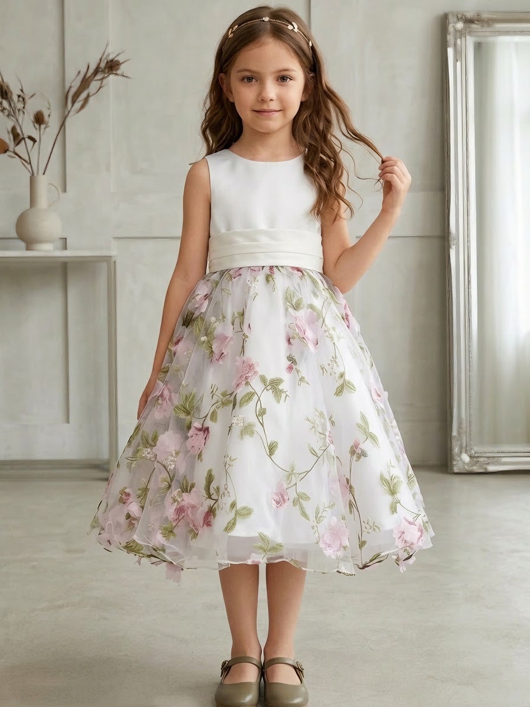 A-Line/Princess Scoop Flower Girl Dresses with Bowknot Floral Tulle Tea Length Sleeveless Ivory