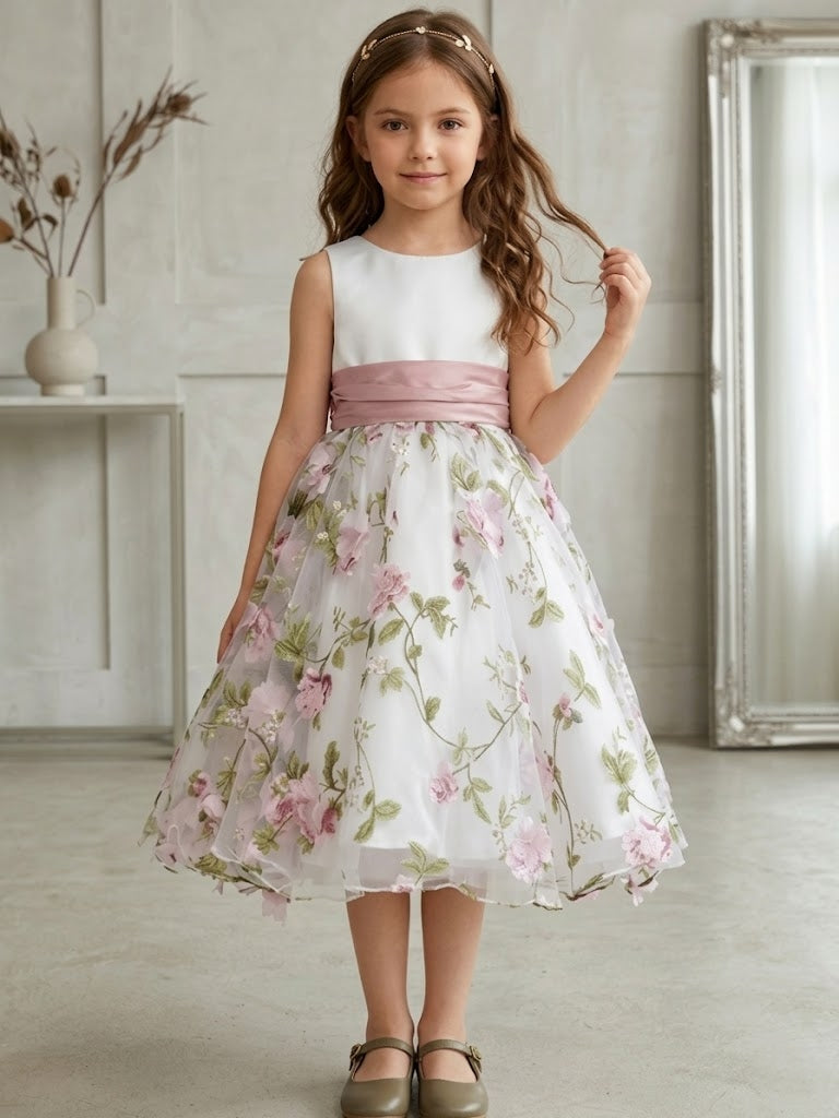A-Line/Princess Scoop Flower Girl Dresses with Bowknot Floral Tulle Tea Length Sleeveless Dusty Pink
