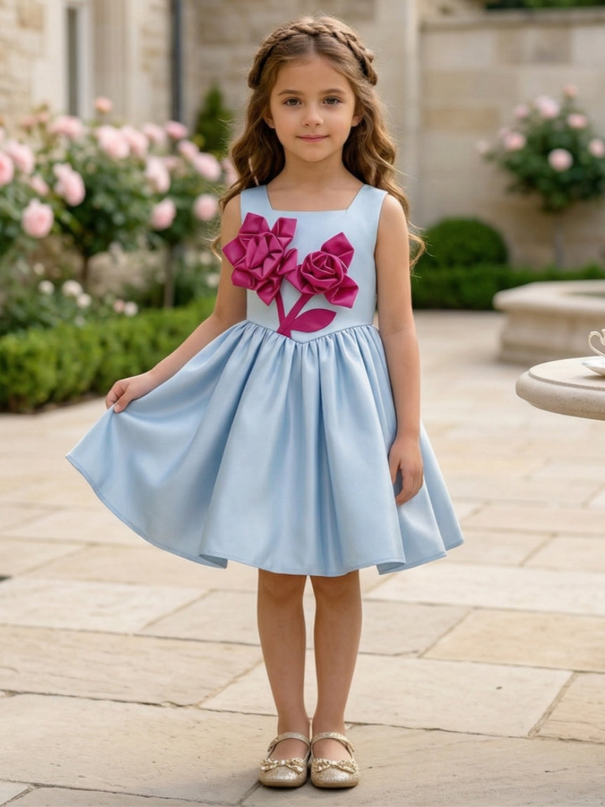 A-Line/Princess Square Collar Satin Flower Girl Dresses With 3D Flowers Knee-Length Sleeveless Dusty Blue