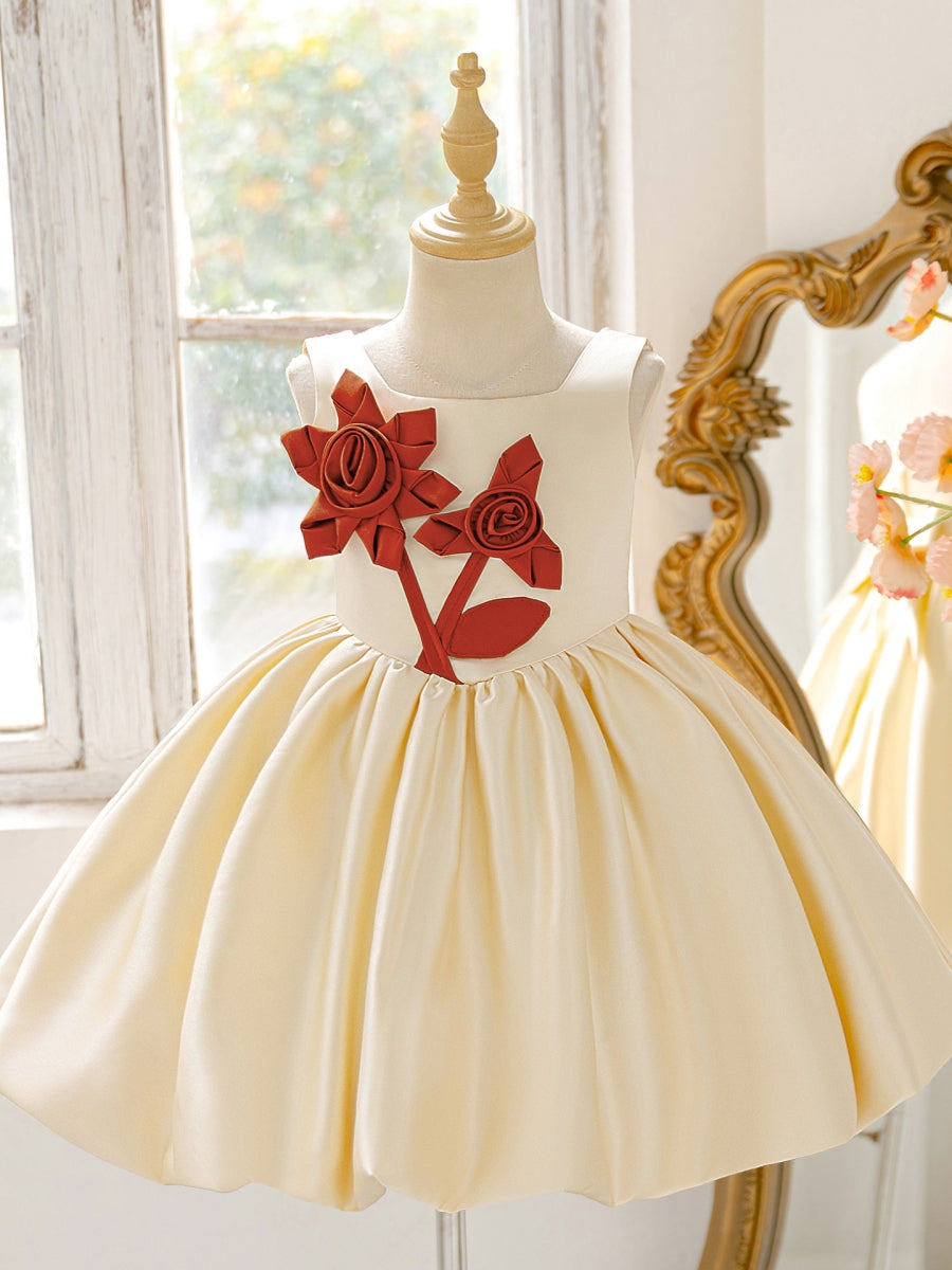 A-Line/Princess Square Collar Satin Flower Girl Dresses With 3D Flowers Knee-Length Sleeveless Champagne
